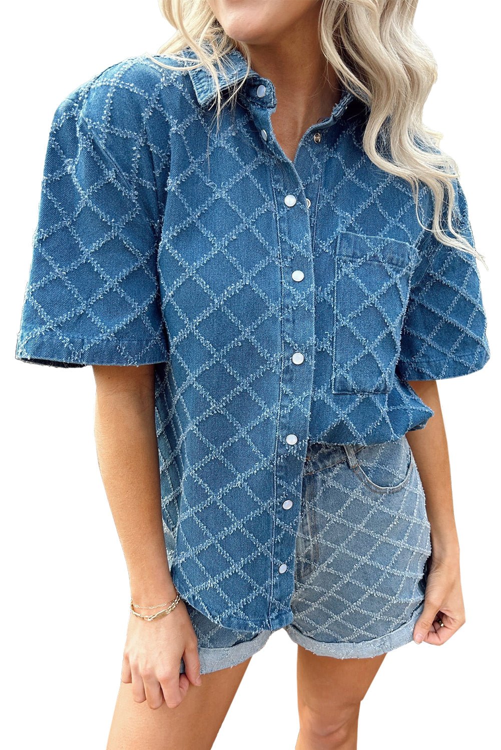 Dusk Blue Checkered Textured Short Sleeve Pocket Denim Shirt - MAD RUFFI