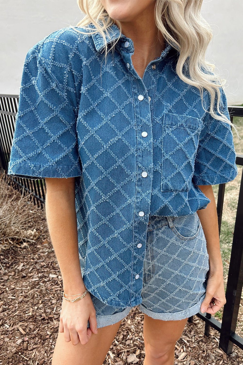 Dusk Blue Checkered Textured Short Sleeve Pocket Denim Shirt - MAD RUFFI