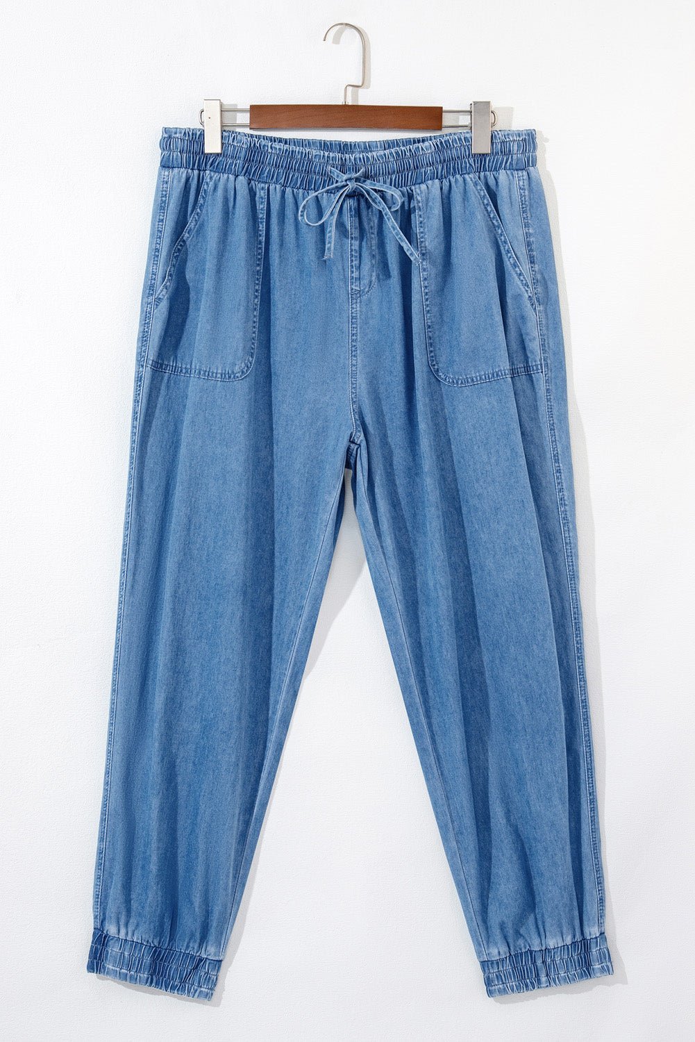 Dusk Blue Drawstring Waist Pocketed Plus Size Denim Joggers - MAD RUFFI