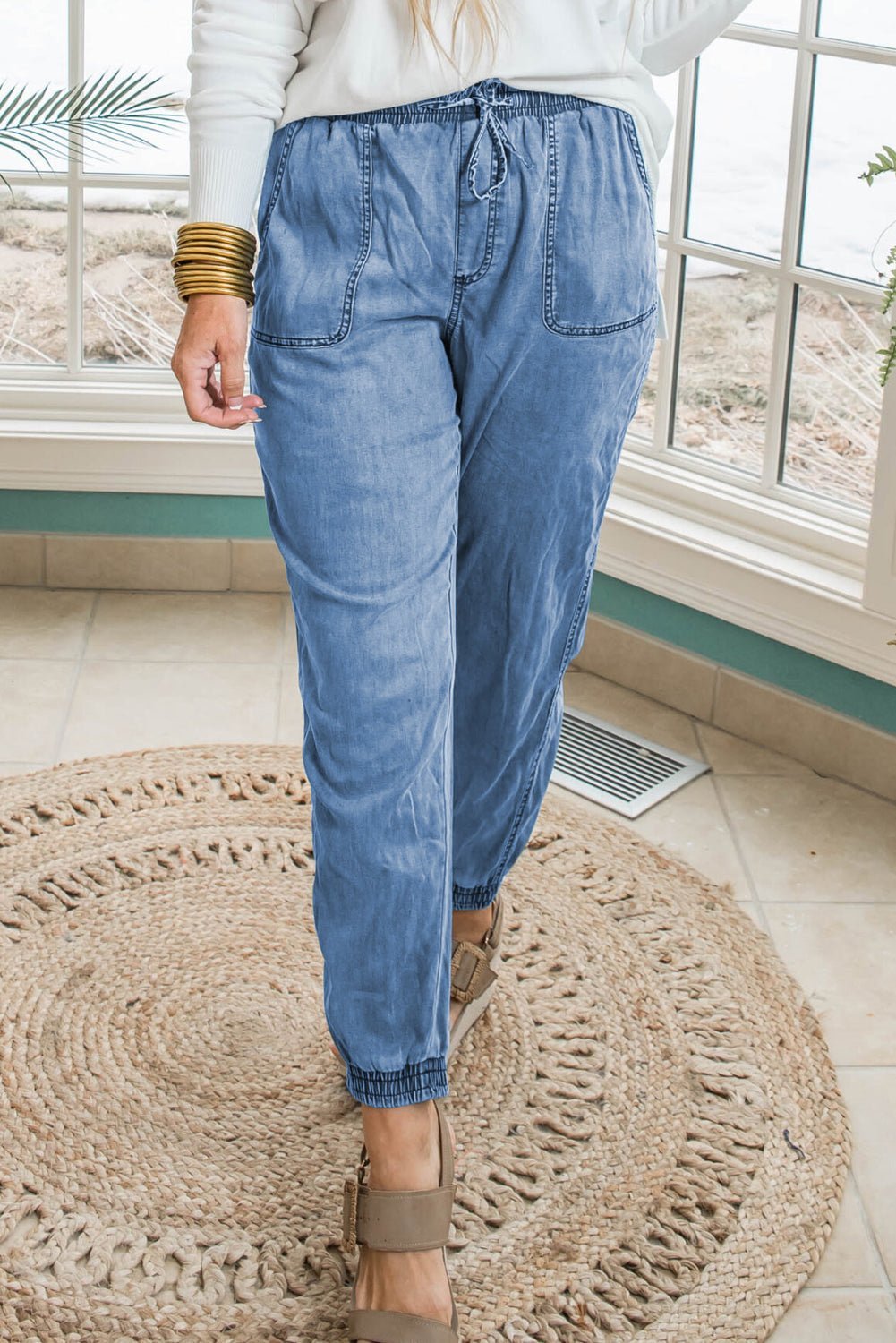 Dusk Blue Drawstring Waist Pocketed Plus Size Denim Joggers - MAD RUFFI