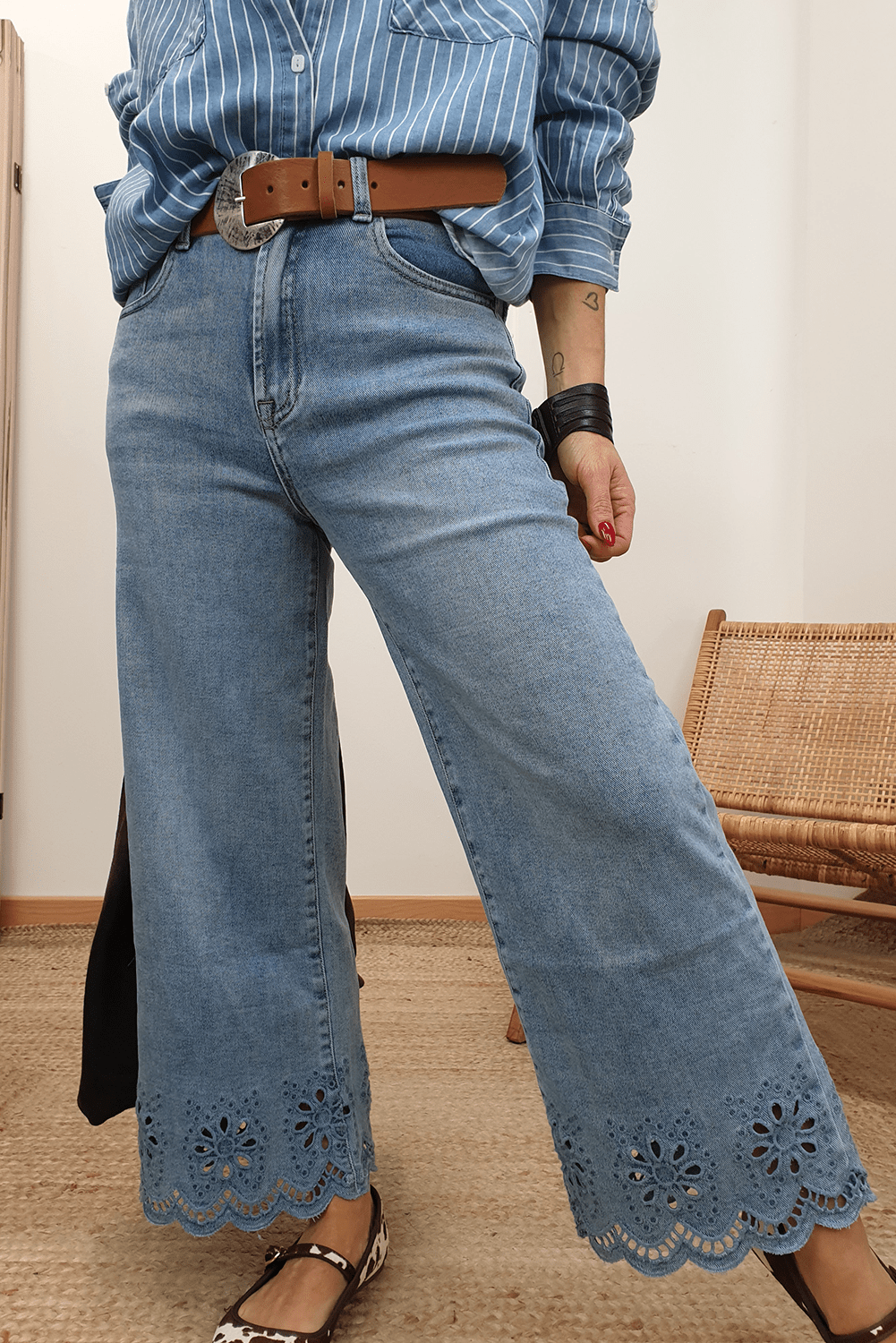 Dusk Blue Embroidered Cropped Wide Leg High Waist Jeans - MAD RUFFI