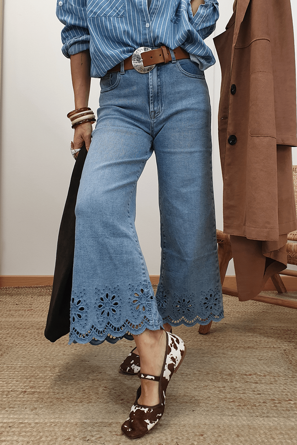 Dusk Blue Embroidered Cropped Wide Leg High Waist Jeans - MAD RUFFI