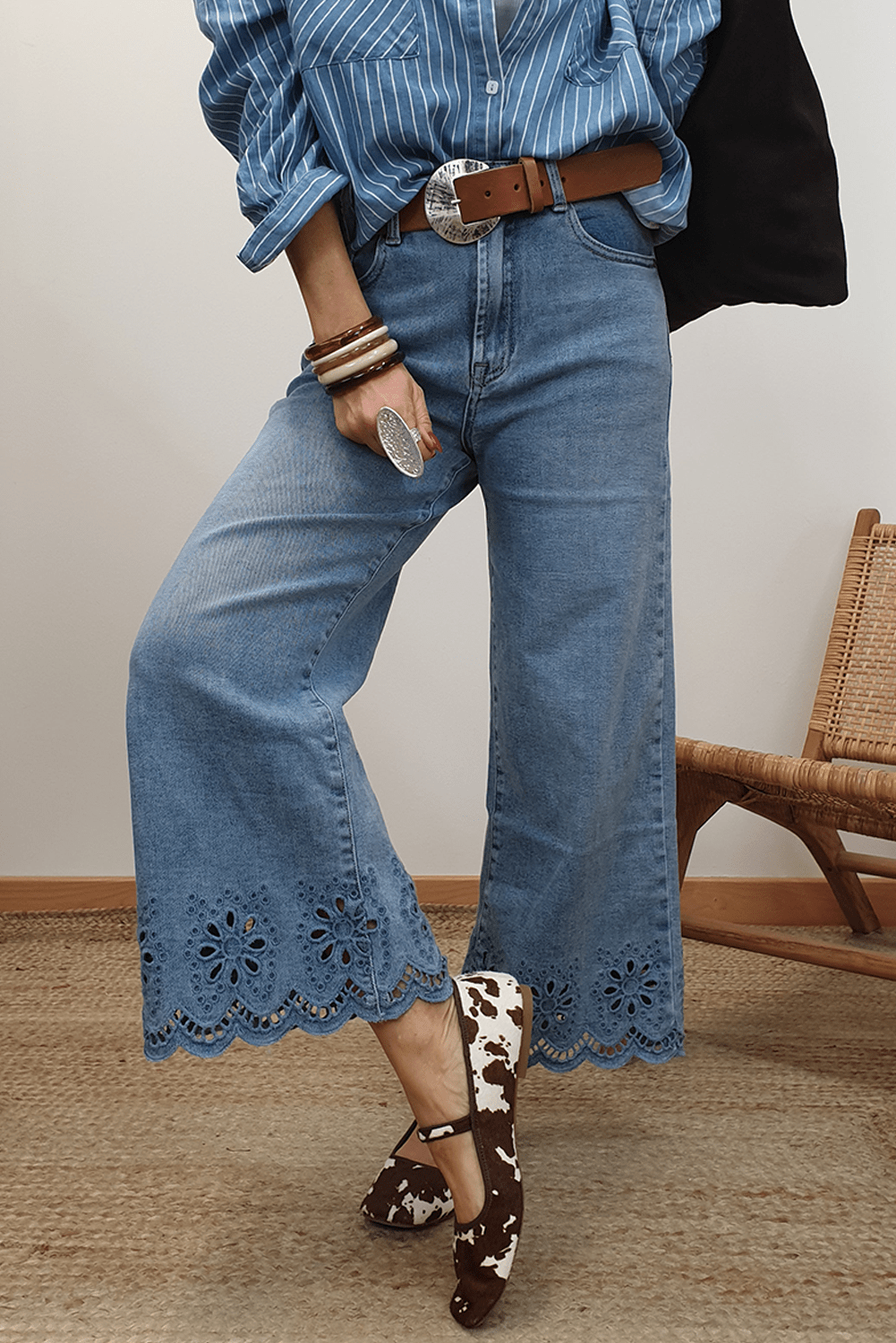 Dusk Blue Embroidered Cropped Wide Leg High Waist Jeans - MAD RUFFI