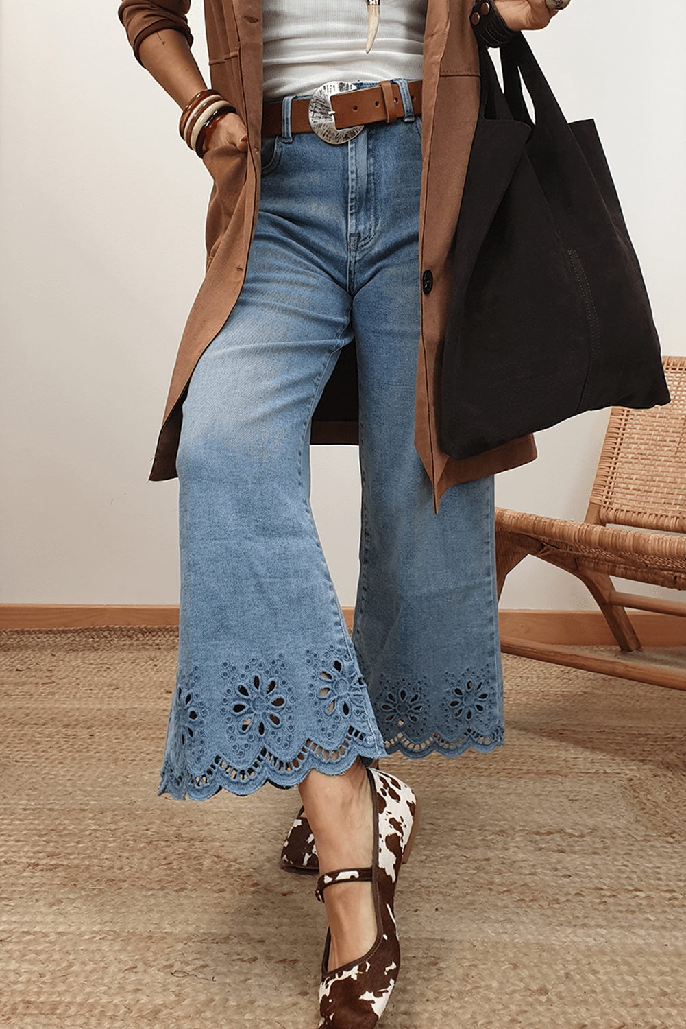 Dusk Blue Embroidered Cropped Wide Leg High Waist Jeans - MAD RUFFI