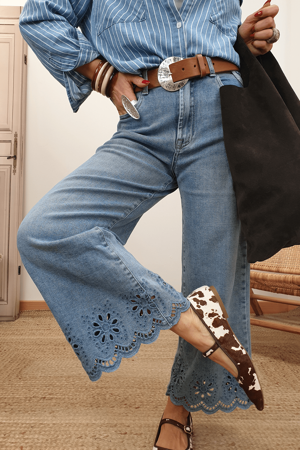 Dusk Blue Embroidered Cropped Wide Leg High Waist Jeans - MAD RUFFI