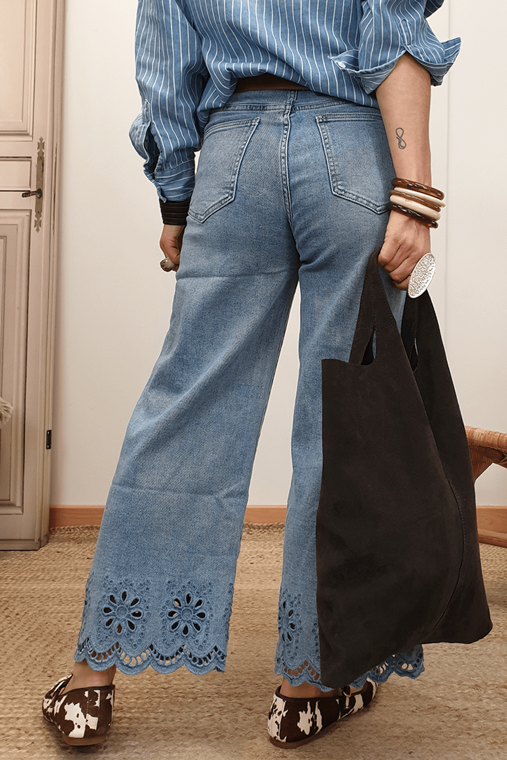 Dusk Blue Embroidered Cropped Wide Leg High Waist Jeans - MAD RUFFI