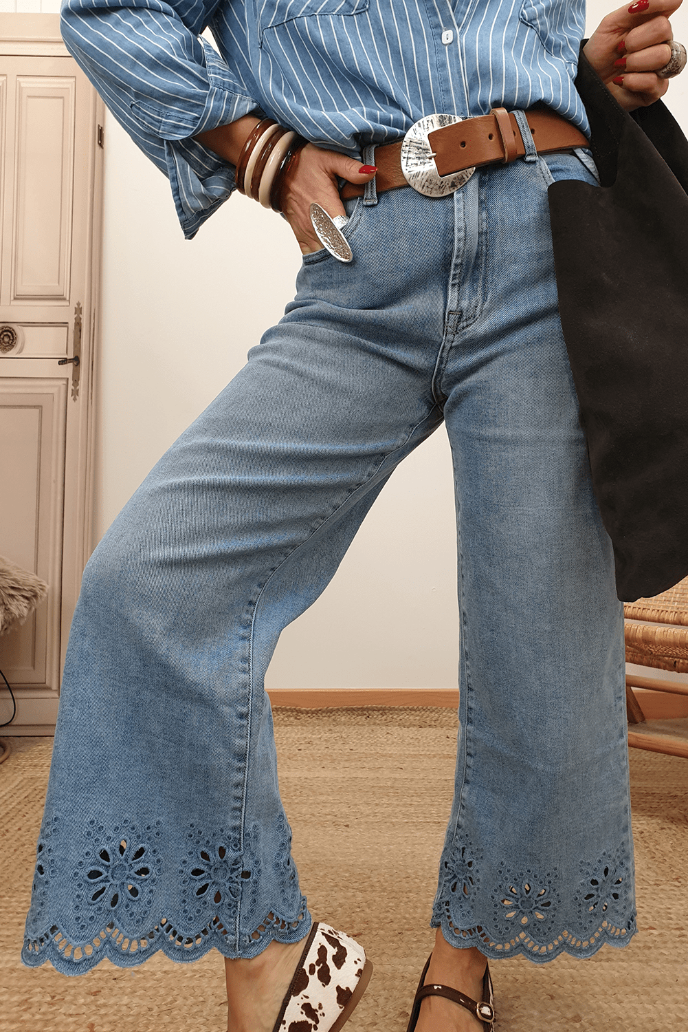 Dusk Blue Embroidered Cropped Wide Leg High Waist Jeans - MAD RUFFI