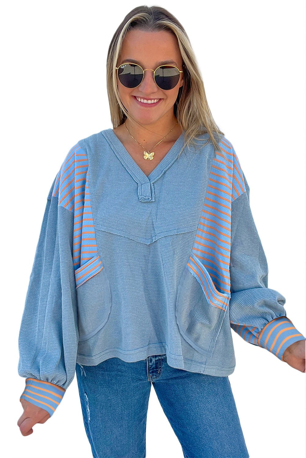 Dusk Blue Exposed Seam Waffle Striped Patchwork Baggy Pullover - MAD RUFFI