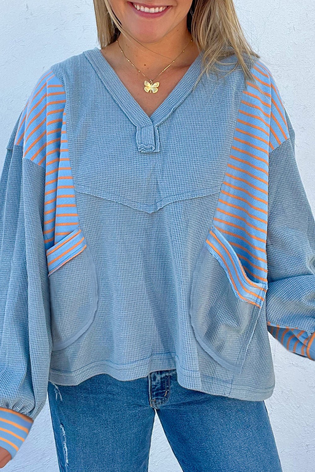 Dusk Blue Exposed Seam Waffle Striped Patchwork Baggy Pullover - MAD RUFFI