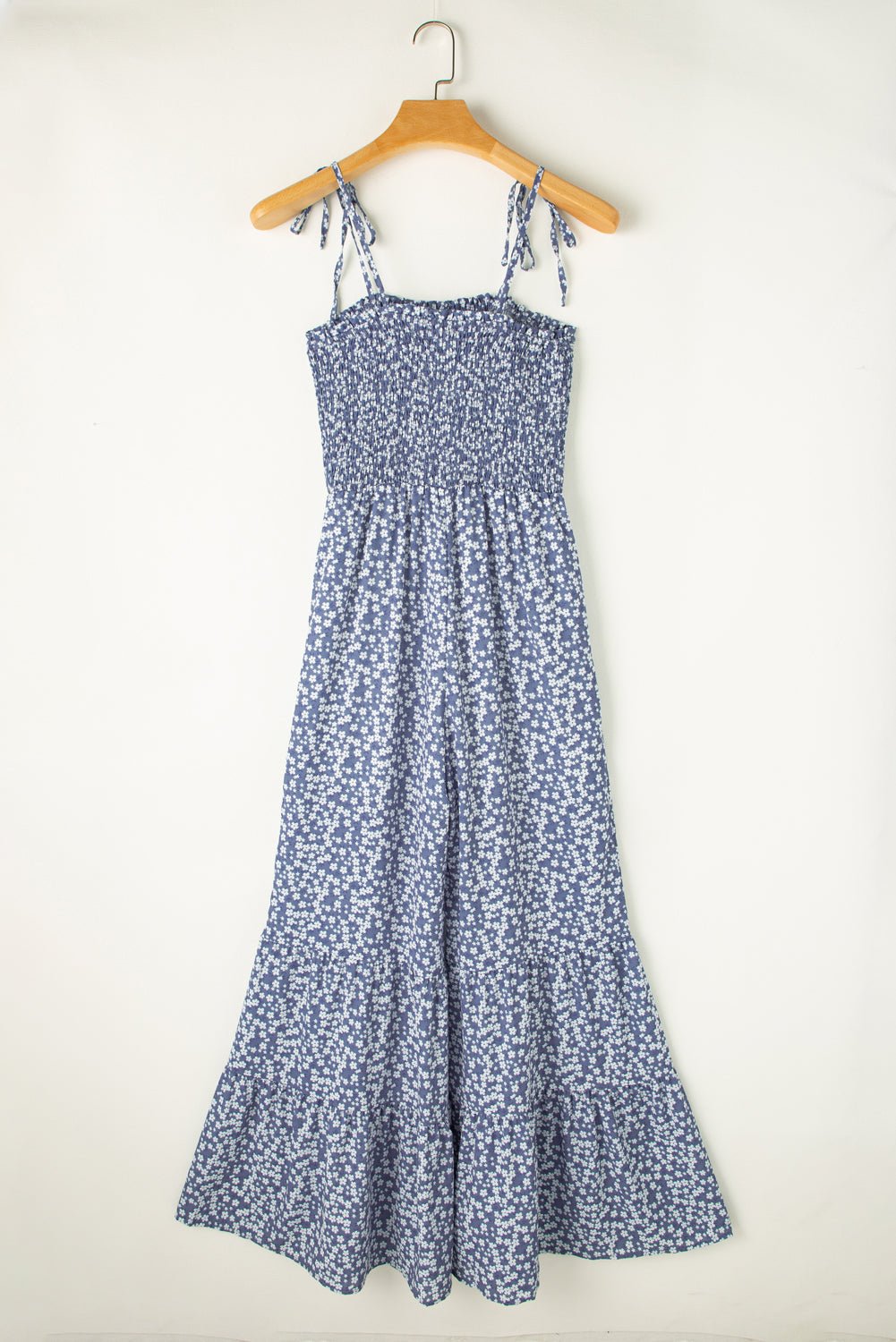 Dusk Blue Floral Print Spaghetti Straps Smocked Wide Leg Jumpsuit - MAD RUFFI