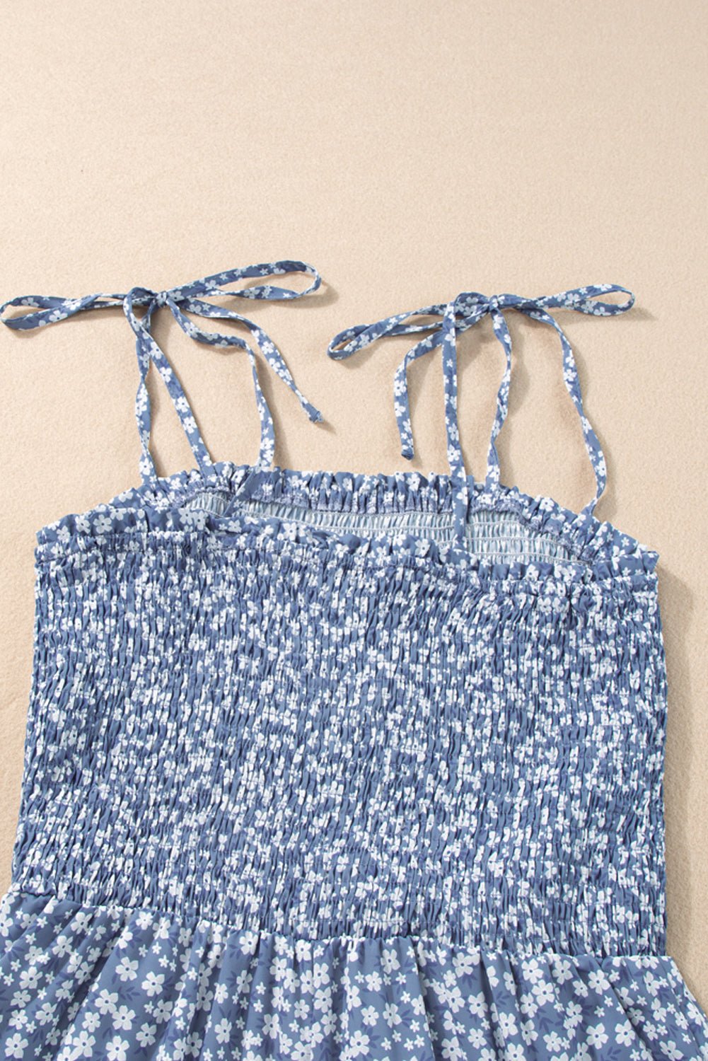 Dusk Blue Floral Print Spaghetti Straps Smocked Wide Leg Jumpsuit - MAD RUFFI