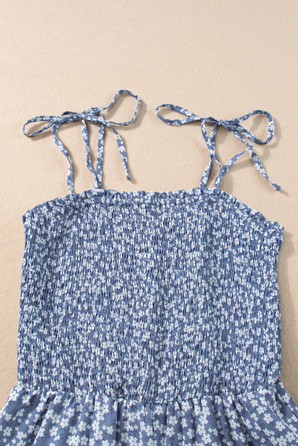 Dusk Blue Floral Print Spaghetti Straps Smocked Wide Leg Jumpsuit - MAD RUFFI