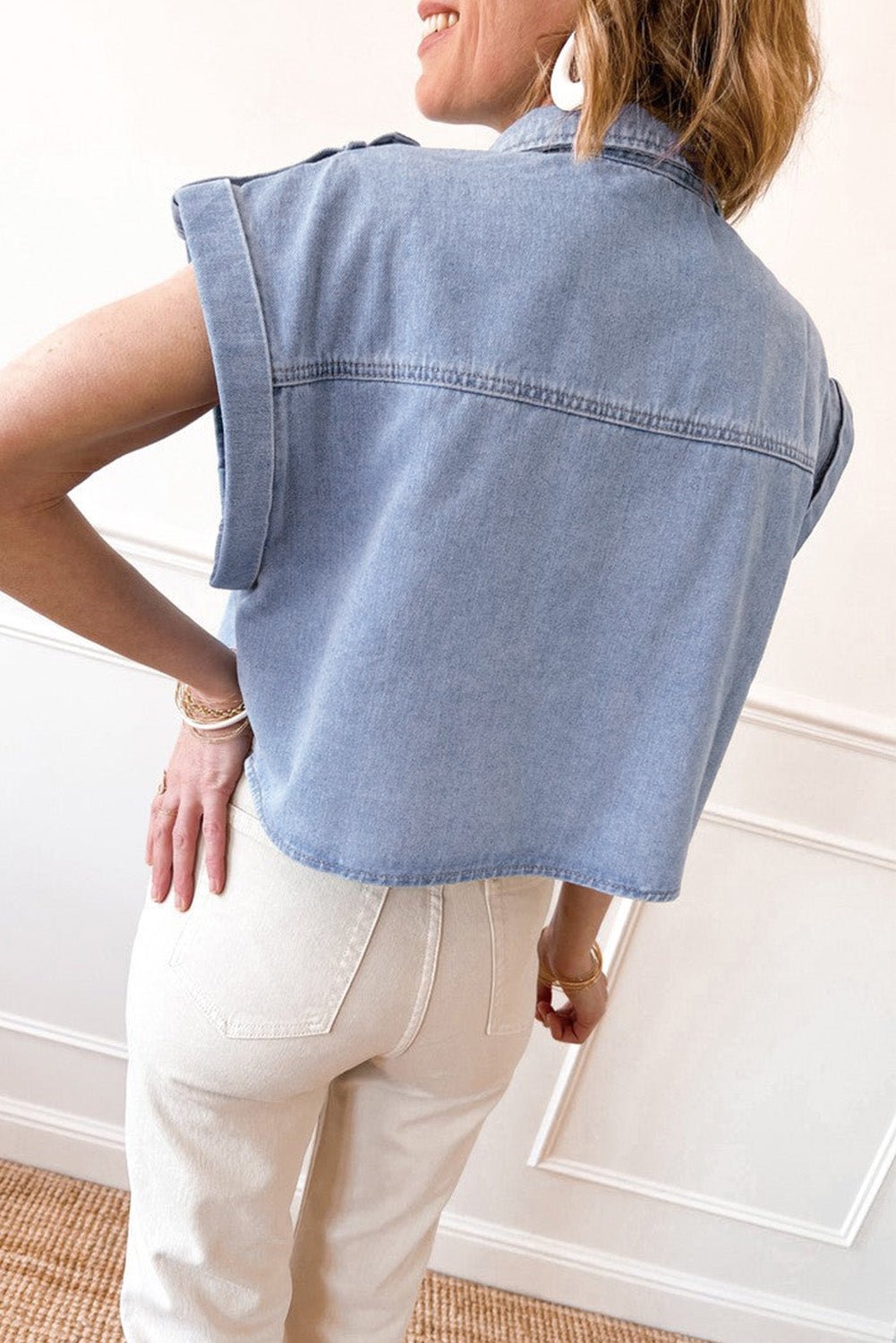 Dusk Blue Folded Cap Sleeve Denim Shirt - MAD RUFFI