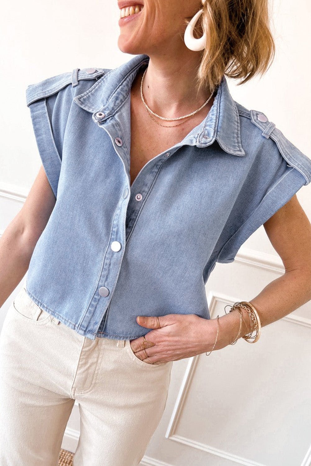 Dusk Blue Folded Cap Sleeve Denim Shirt - MAD RUFFI