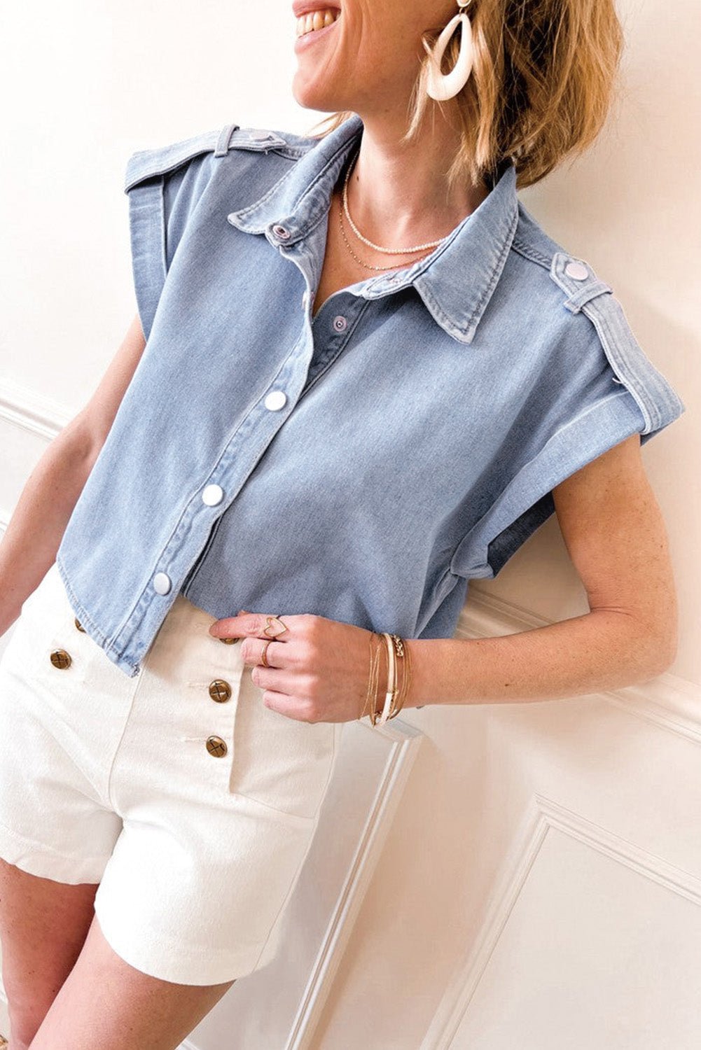 Dusk Blue Folded Cap Sleeve Denim Shirt - MAD RUFFI