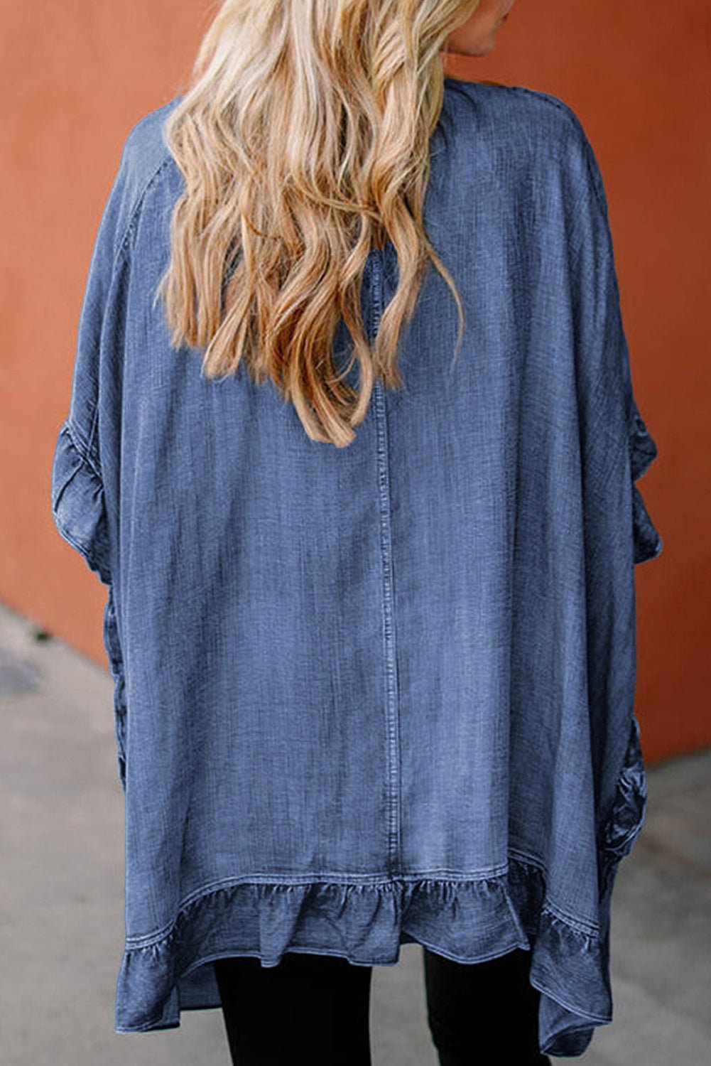 Dusk Blue Half Sleeve Ruffle Edge Chambray Open Kimono - MAD RUFFI