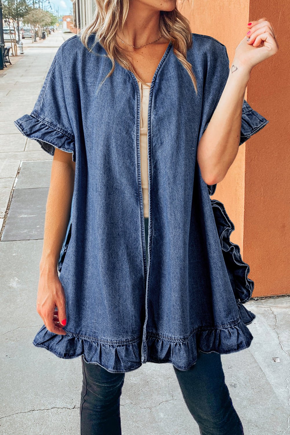 Dusk Blue Half Sleeve Ruffle Edge Chambray Open Kimono - MAD RUFFI