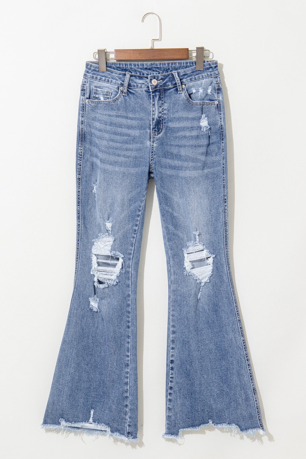 Dusk Blue High Rise Ripped Distressed Hem Flared Jeans - MAD RUFFI