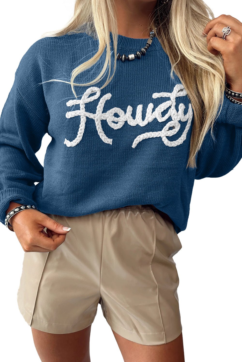 Dusk Blue Howdy Embroidered Graphic Sweater - MAD RUFFI
