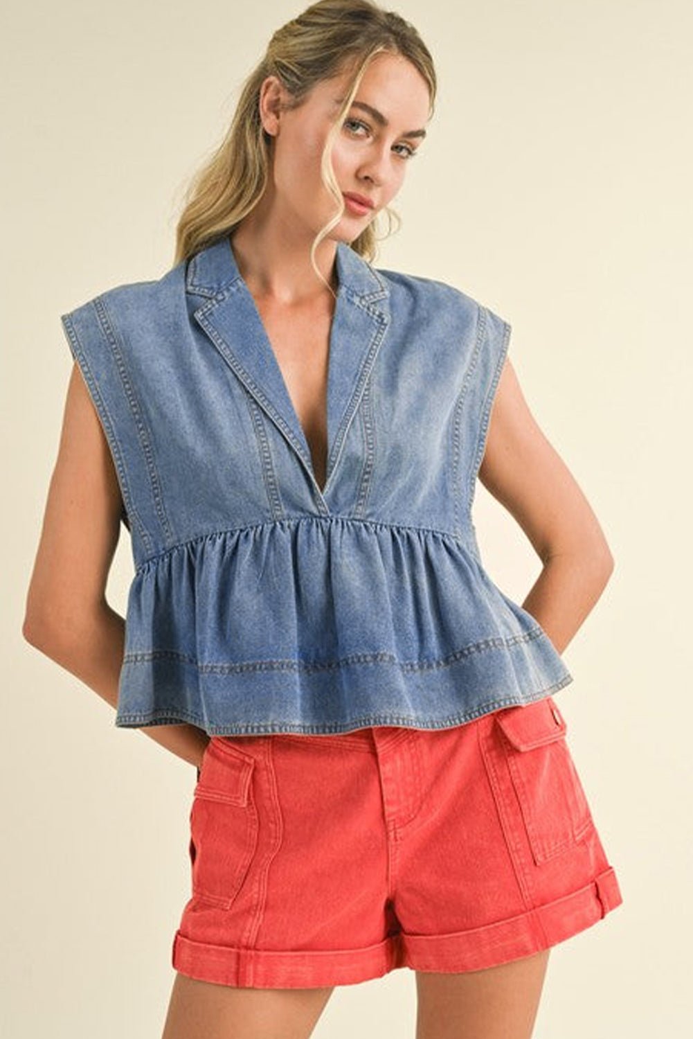 Dusk Blue Lapel Denim Babydoll Top - MAD RUFFI