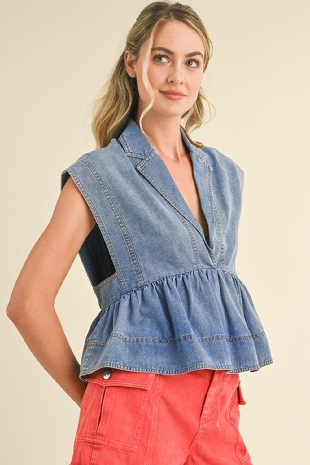 Dusk Blue Lapel Denim Babydoll Top - MAD RUFFI