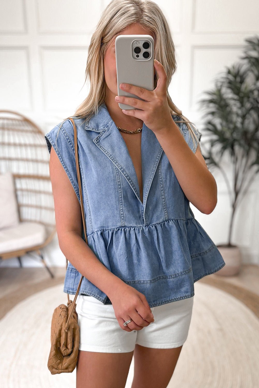 Dusk Blue Lapel Denim Babydoll Top - MAD RUFFI