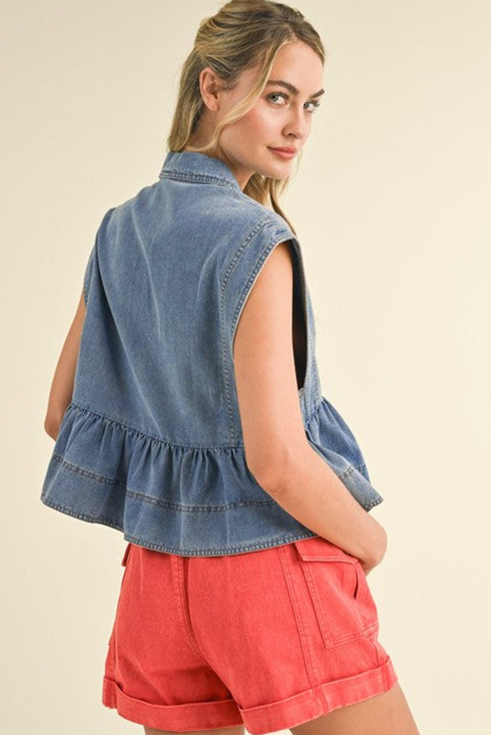 Dusk Blue Lapel Denim Babydoll Top - MAD RUFFI