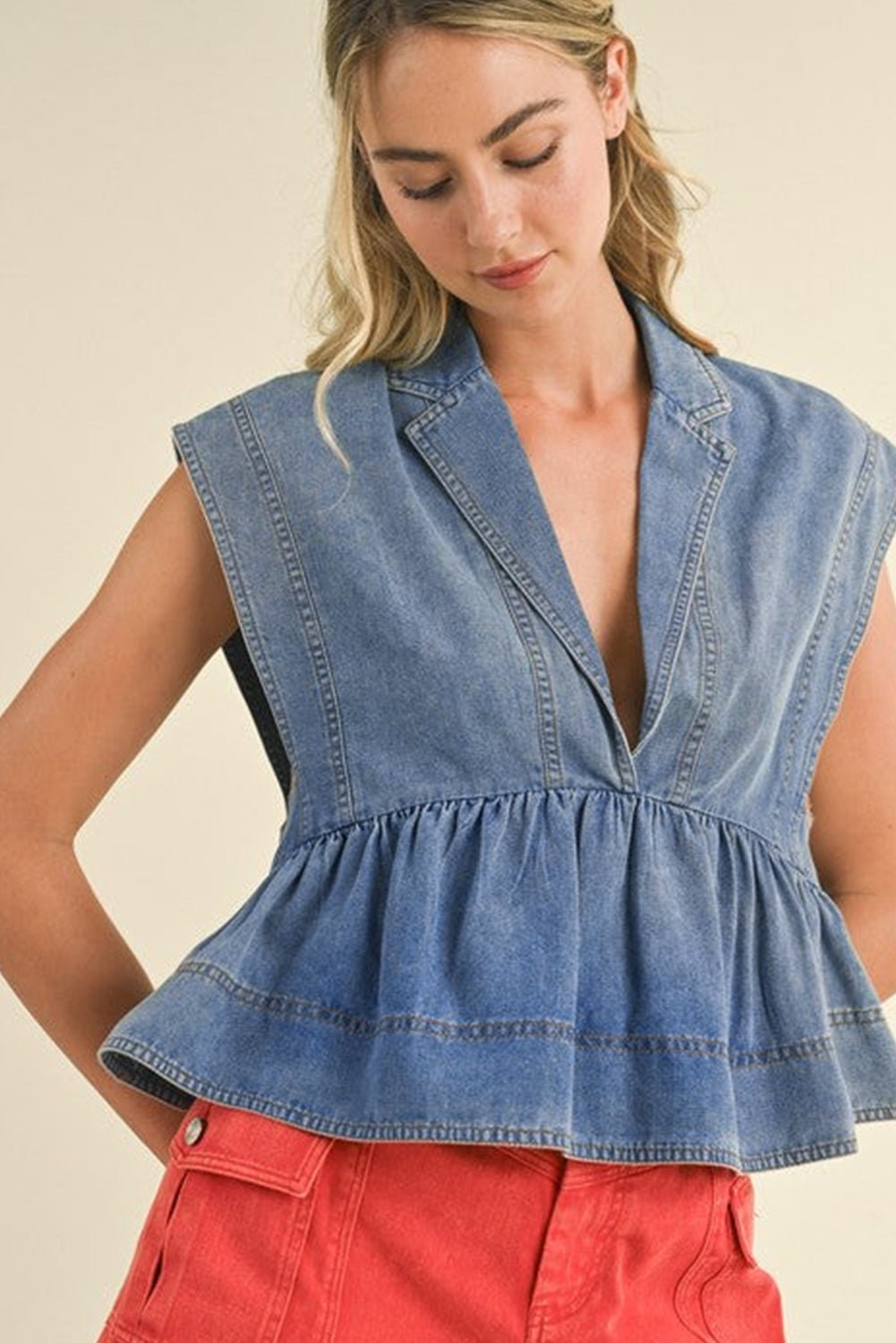Dusk Blue Lapel Denim Babydoll Top - MAD RUFFI
