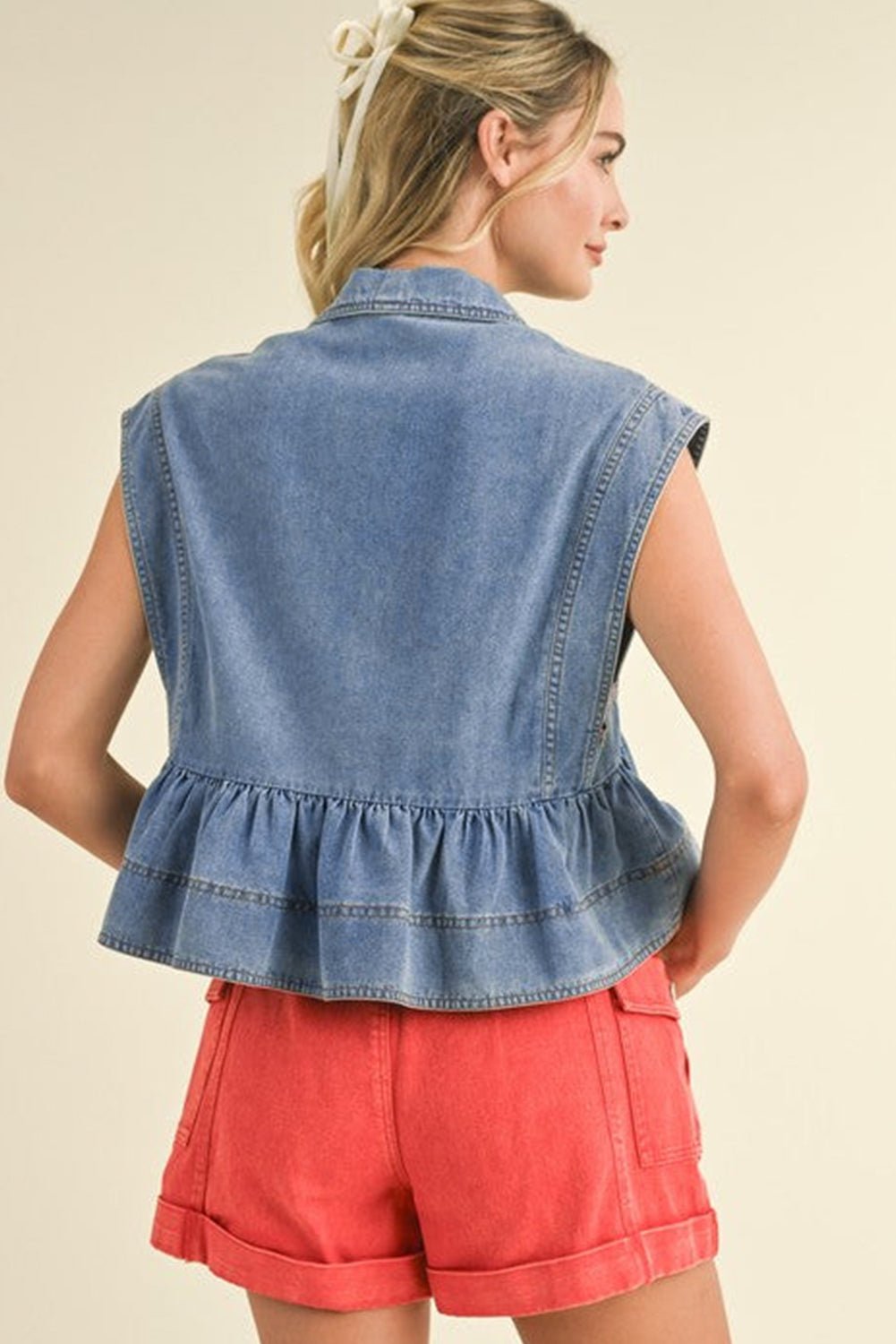 Dusk Blue Lapel Denim Babydoll Top - MAD RUFFI