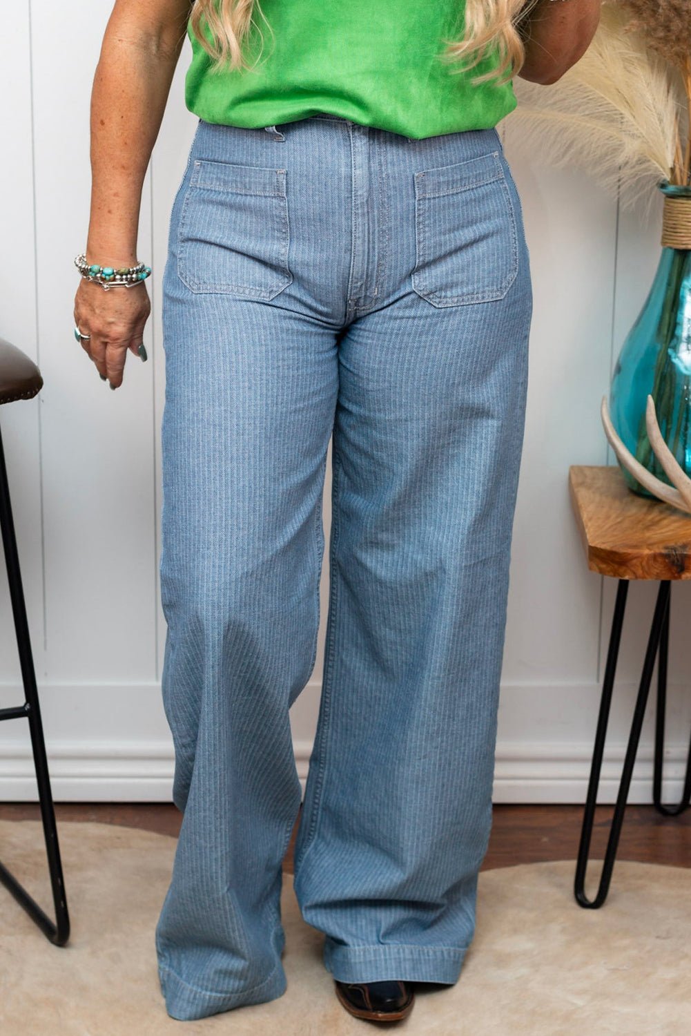 Dusk Blue Patched Pocket Textured Wide Leg Plus Size Jeans - MAD RUFFI