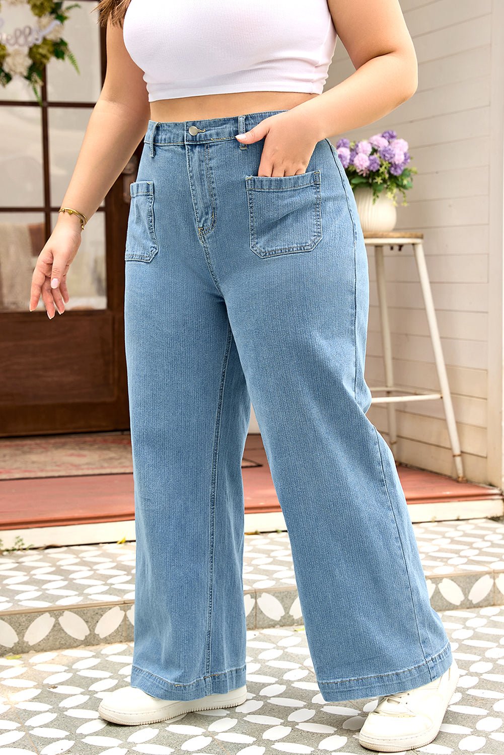 Dusk Blue Patched Pocket Textured Wide Leg Plus Size Jeans - MAD RUFFI