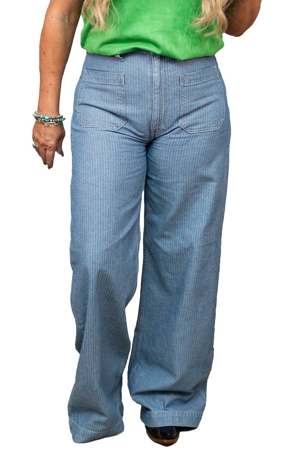 Dusk Blue Patched Pocket Textured Wide Leg Plus Size Jeans - MAD RUFFI