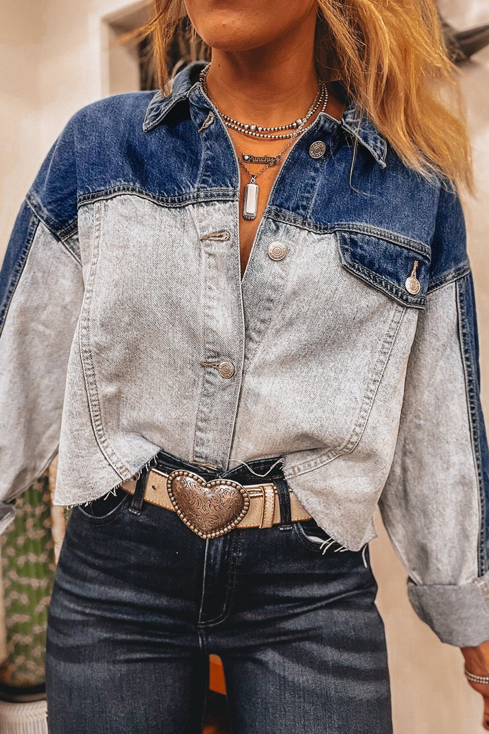 Dusk Blue Patchwork Flap Detail Distress Denim Jacket - MAD RUFFI