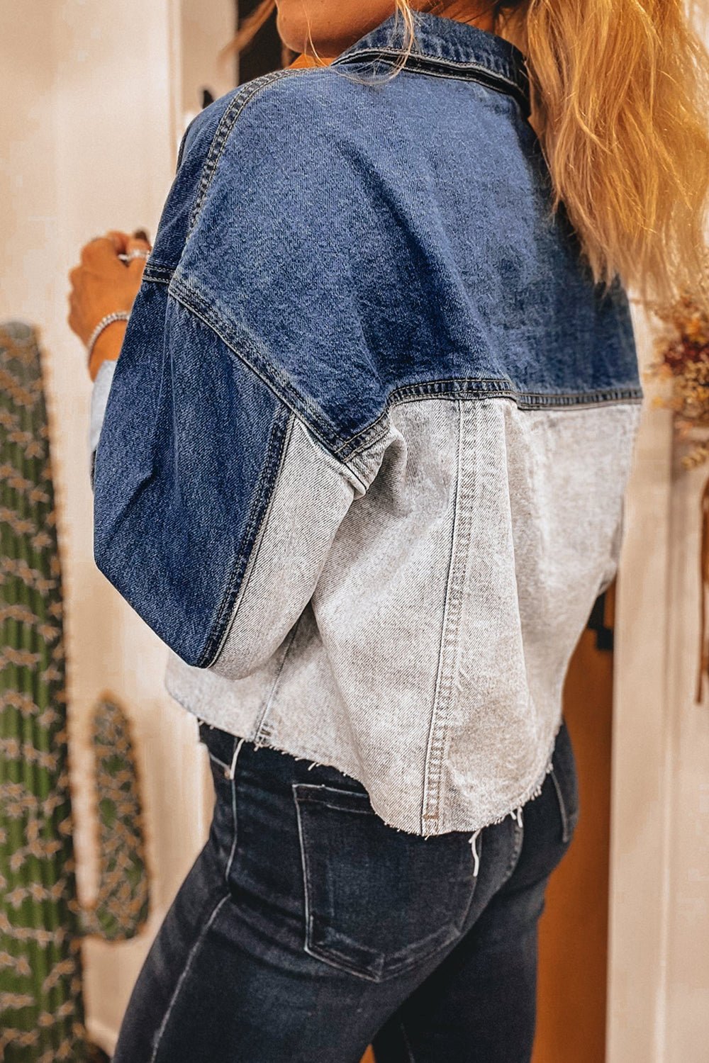 Dusk Blue Patchwork Flap Detail Distress Denim Jacket - MAD RUFFI