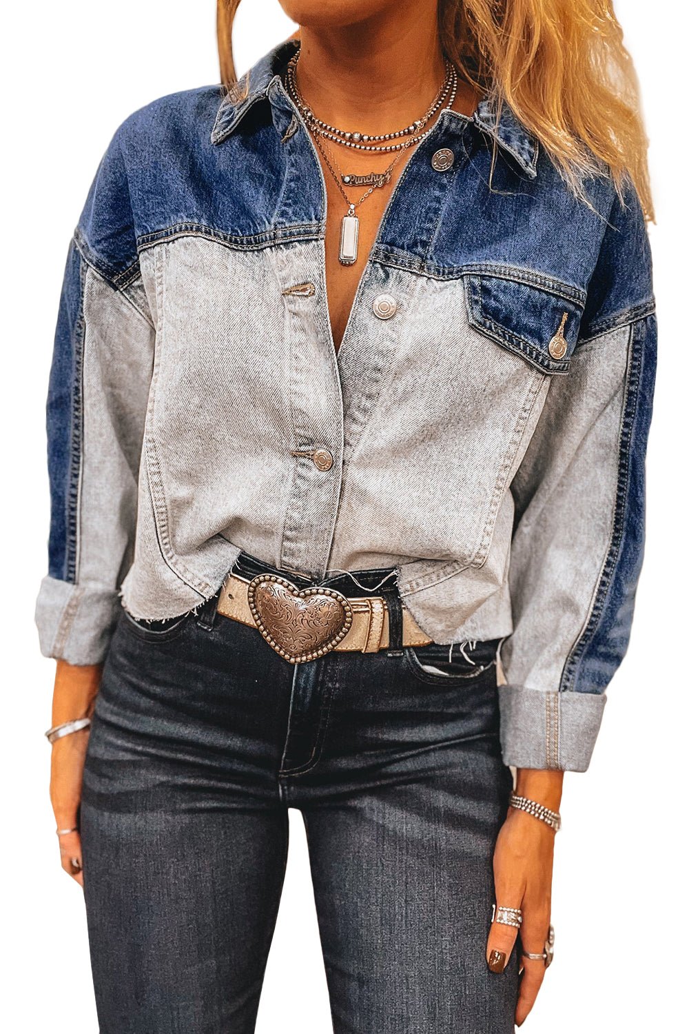 Dusk Blue Patchwork Flap Detail Distress Denim Jacket - MAD RUFFI