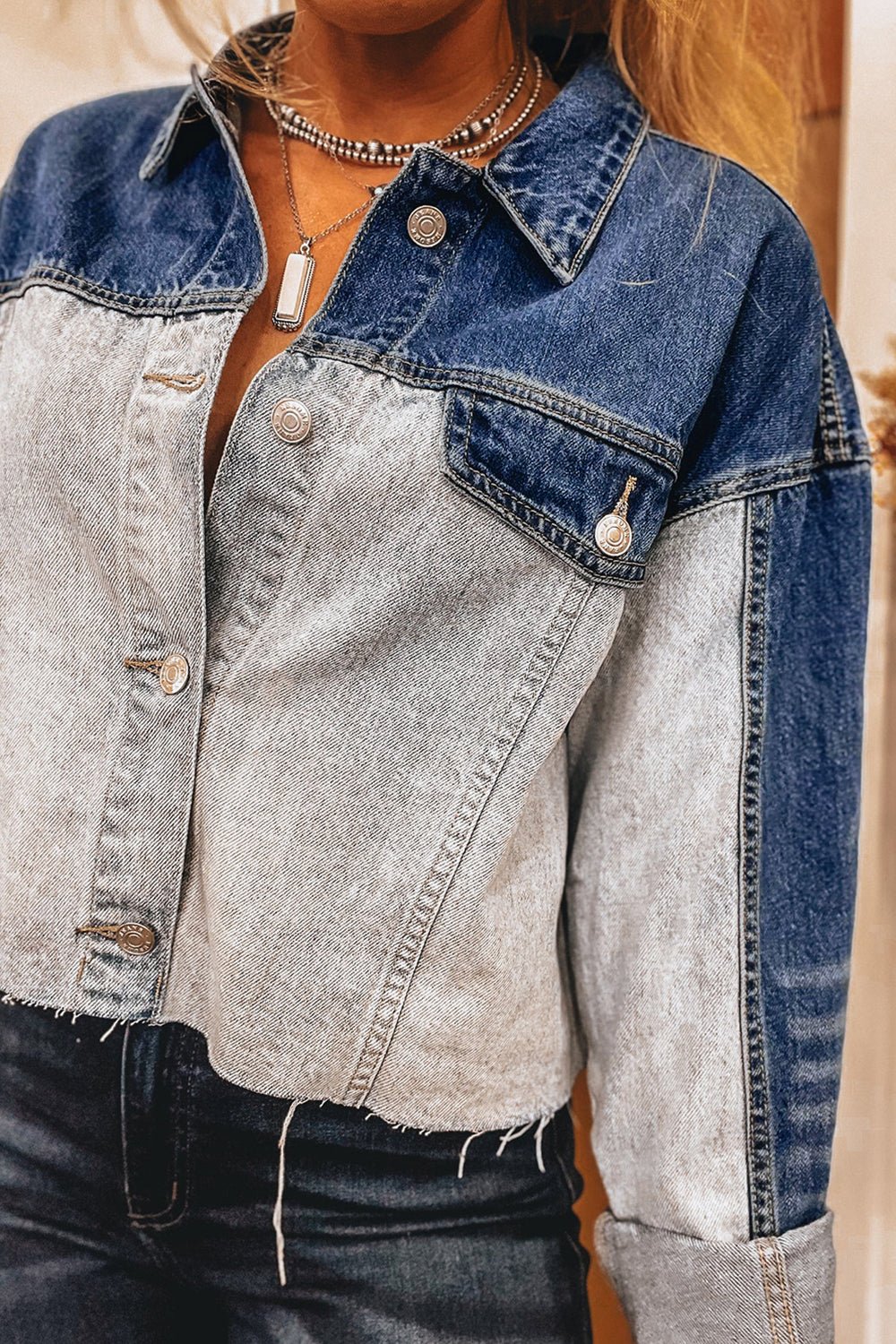 Dusk Blue Patchwork Flap Detail Distress Denim Jacket - MAD RUFFI
