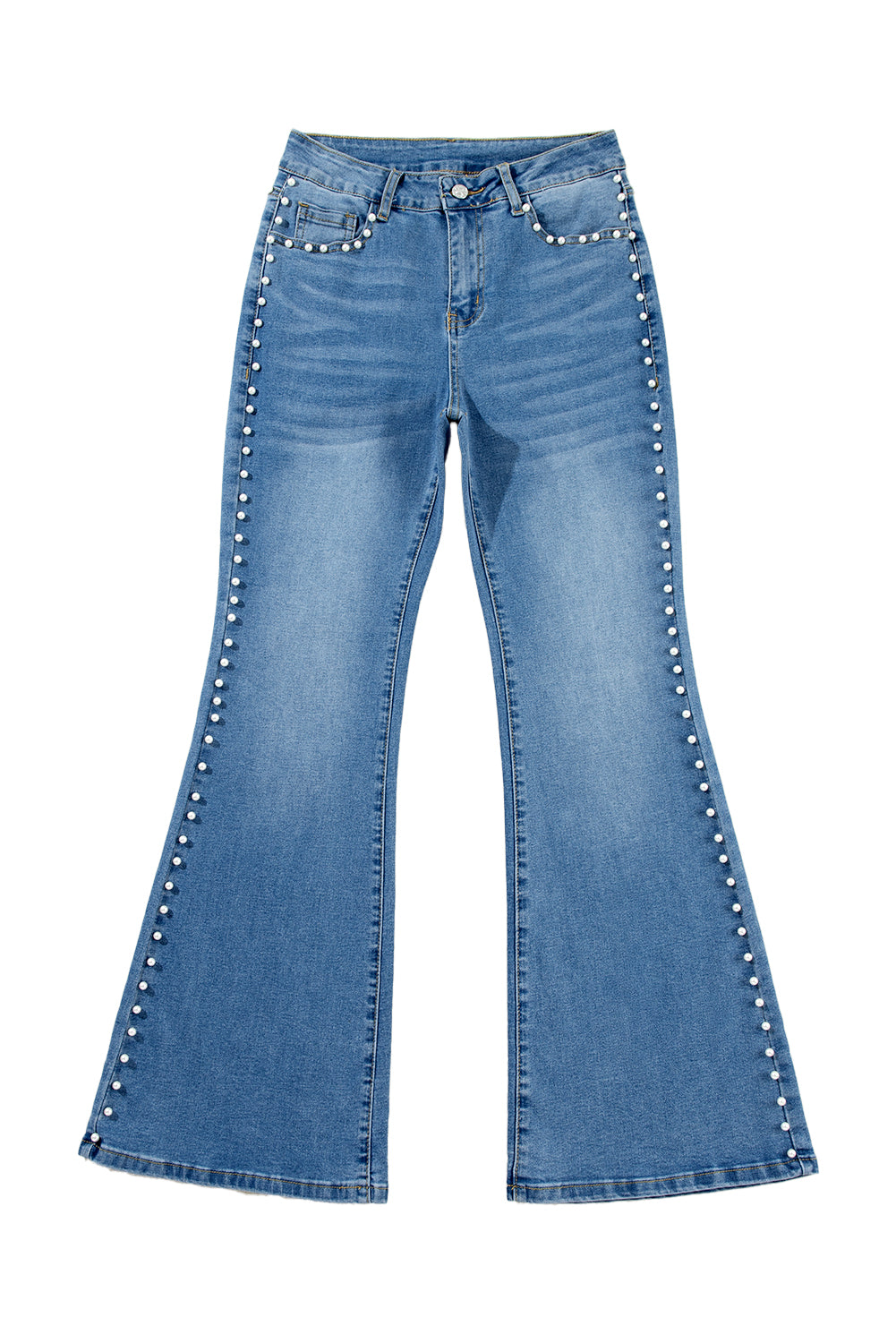 Dusk Blue Pearl Decor High Waist Flared Jeans - MAD RUFFI