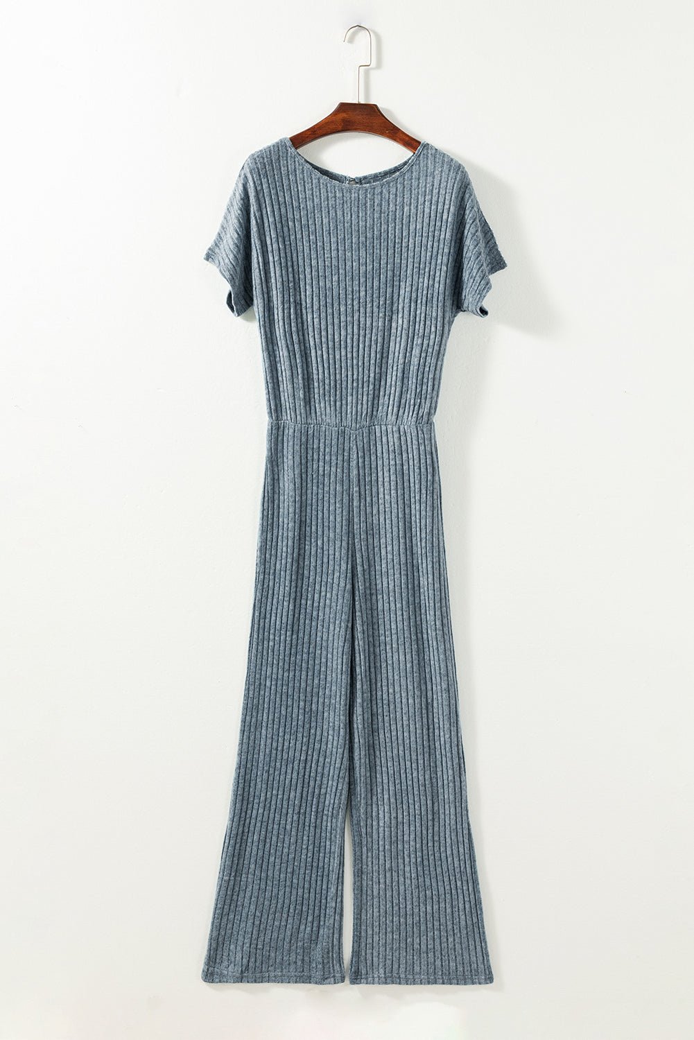 Dusk Blue Ribbed Keyhole Short Sleeve Wide Leg Jumpsuit - MAD RUFFI