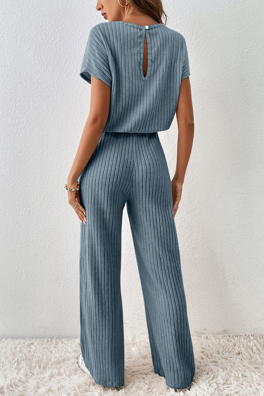 Dusk Blue Ribbed Keyhole Short Sleeve Wide Leg Jumpsuit - MAD RUFFI