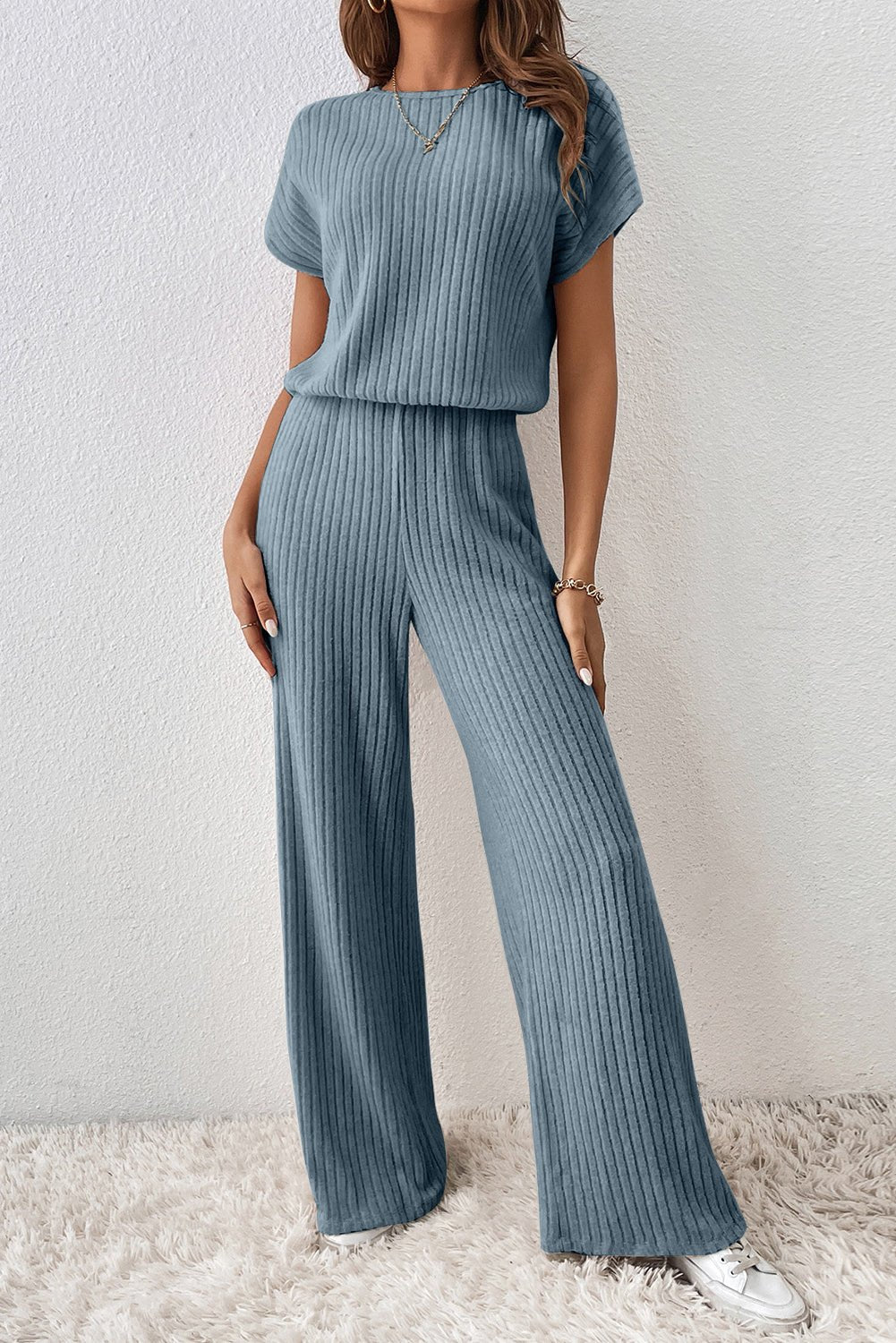 Dusk Blue Ribbed Keyhole Short Sleeve Wide Leg Jumpsuit - MAD RUFFI
