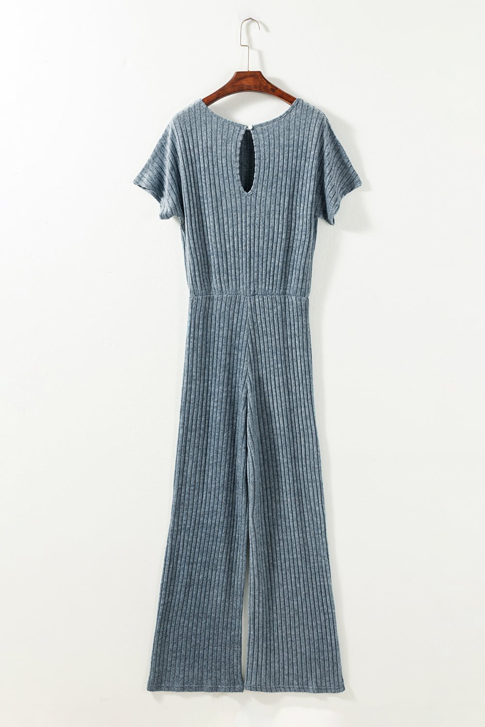 Dusk Blue Ribbed Keyhole Short Sleeve Wide Leg Jumpsuit - MAD RUFFI