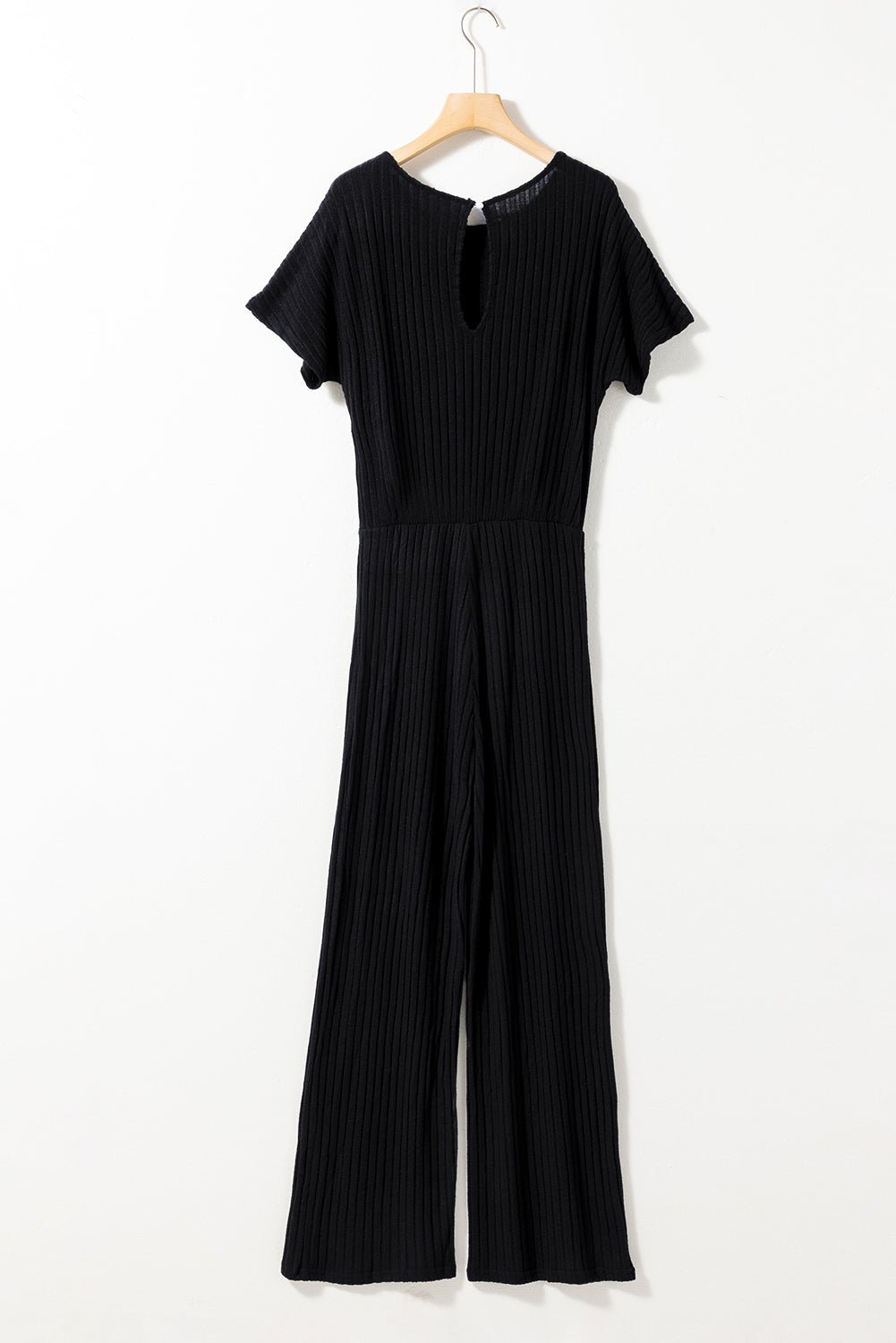 Dusk Blue Ribbed Keyhole Short Sleeve Wide Leg Jumpsuit - MAD RUFFI