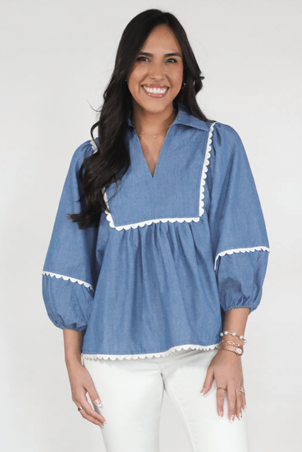 Dusk Blue Scallop Trim Puff Sleeve Collared Babydoll Blouse - MAD RUFFI