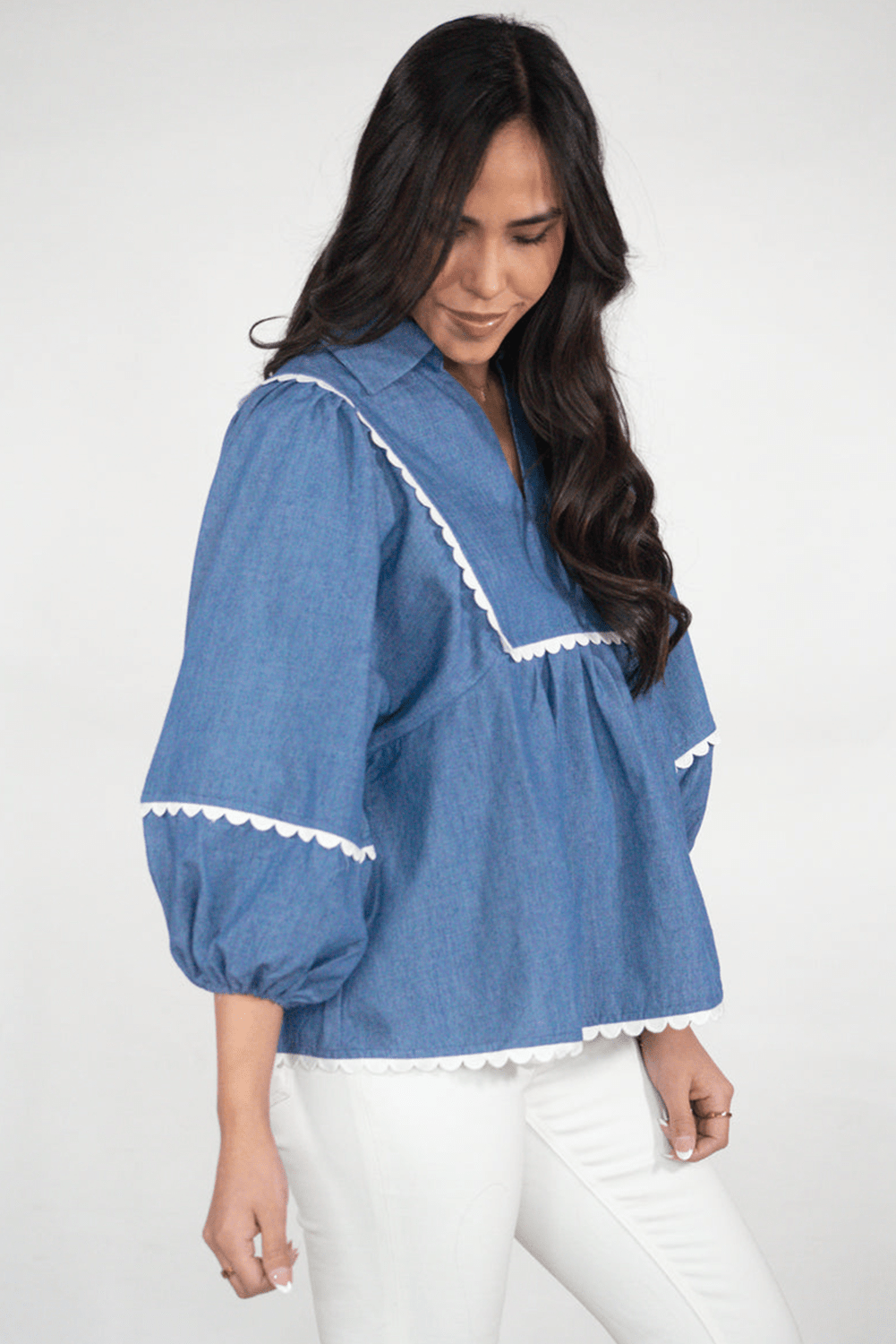 Dusk Blue Scallop Trim Puff Sleeve Collared Babydoll Blouse - MAD RUFFI