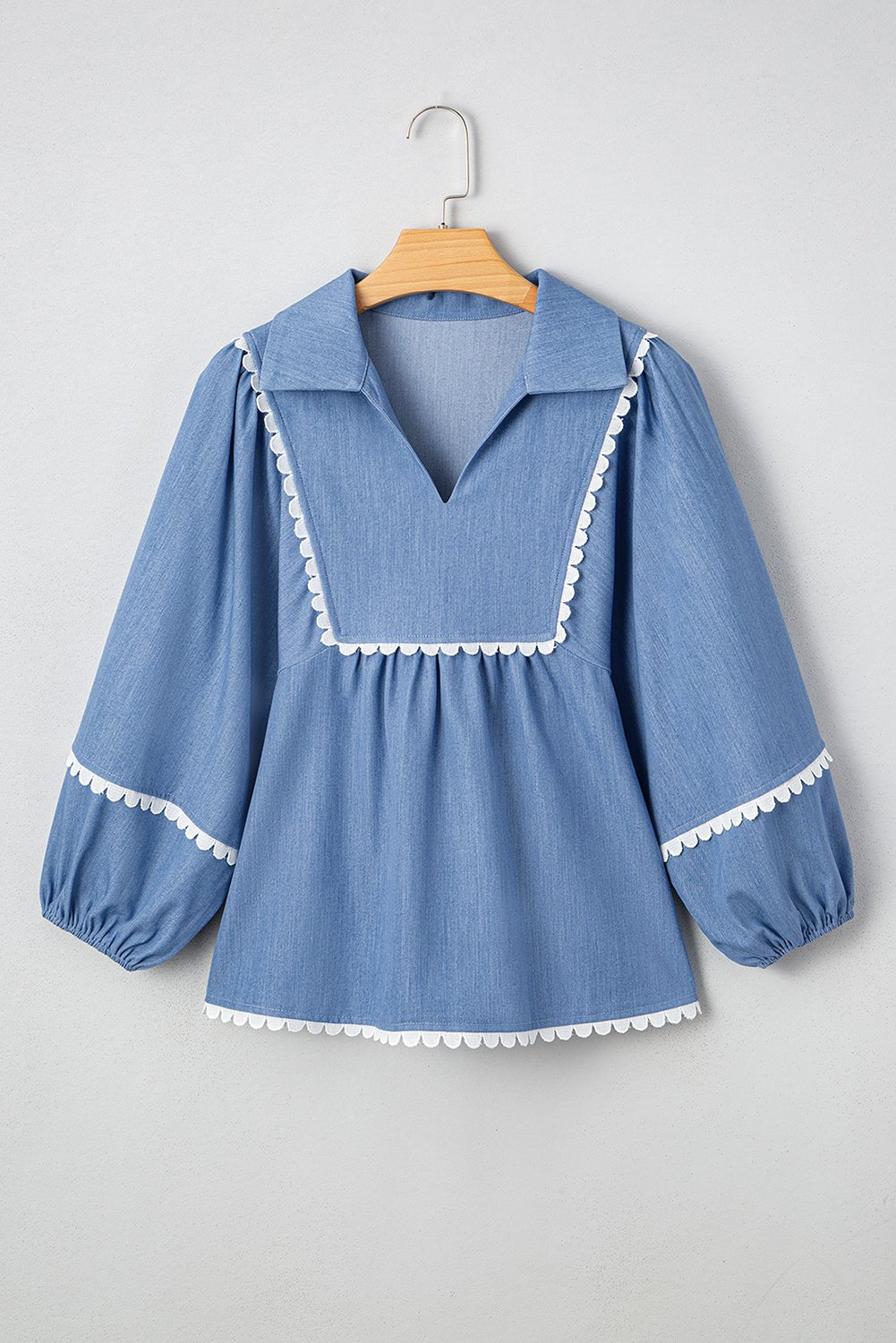 Dusk Blue Scallop Trim Puff Sleeve Collared Babydoll Blouse - MAD RUFFI