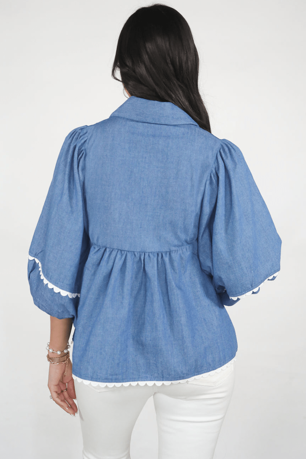 Dusk Blue Scallop Trim Puff Sleeve Collared Babydoll Blouse - MAD RUFFI
