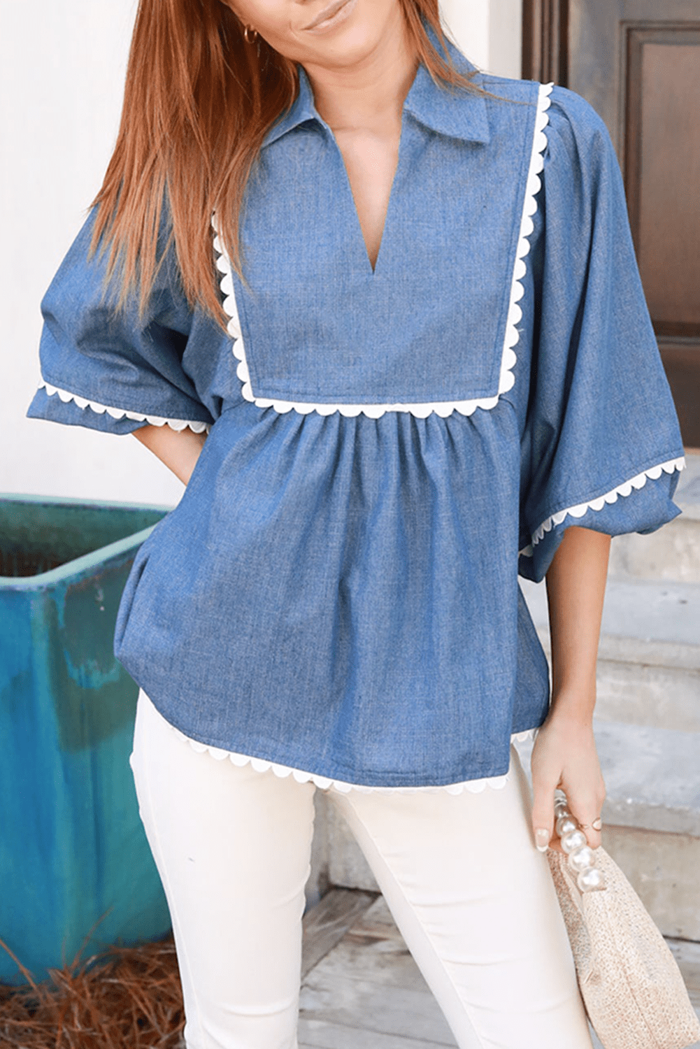 Dusk Blue Scallop Trim Puff Sleeve Collared Babydoll Blouse - MAD RUFFI