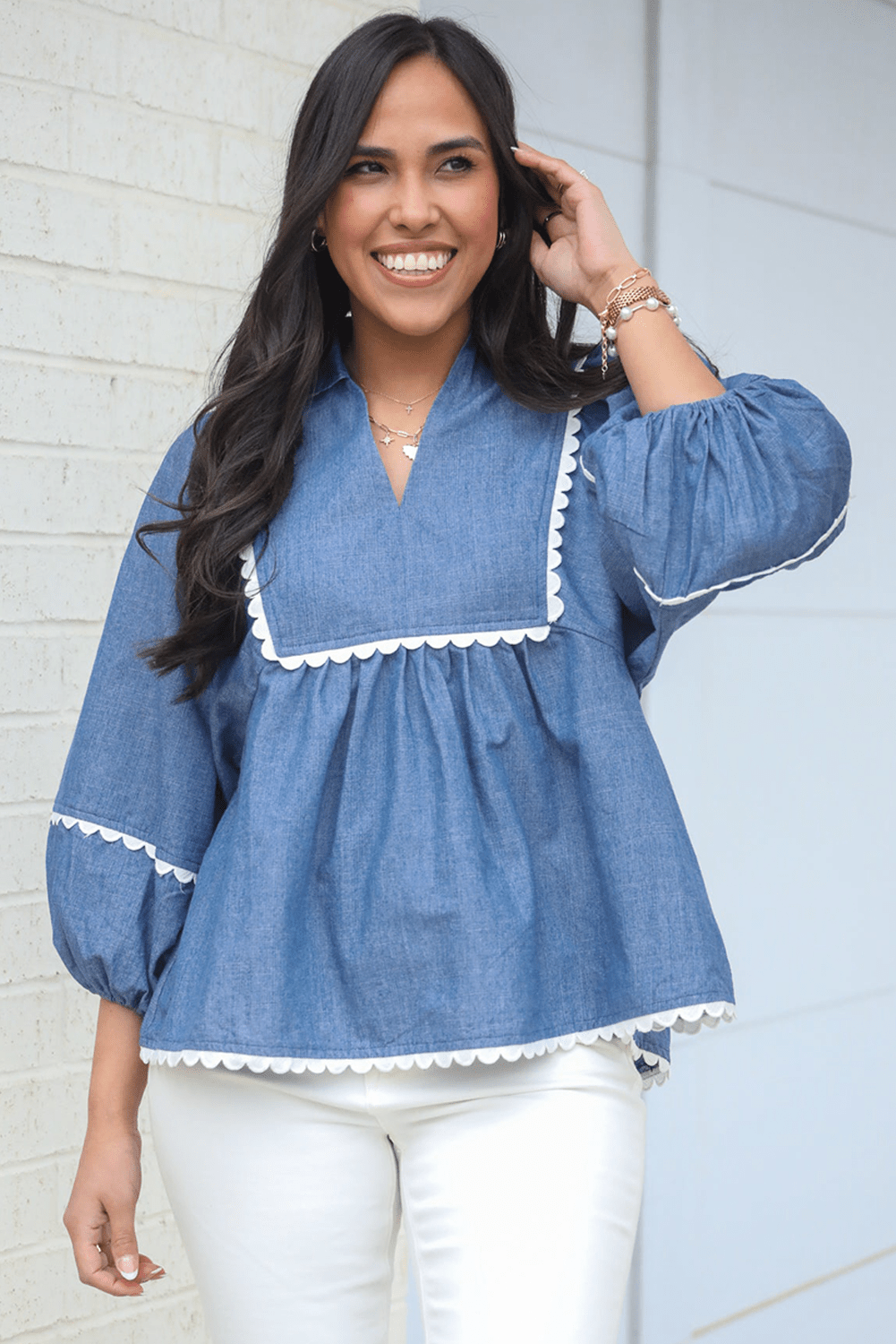 Dusk Blue Scallop Trim Puff Sleeve Collared Babydoll Blouse - MAD RUFFI