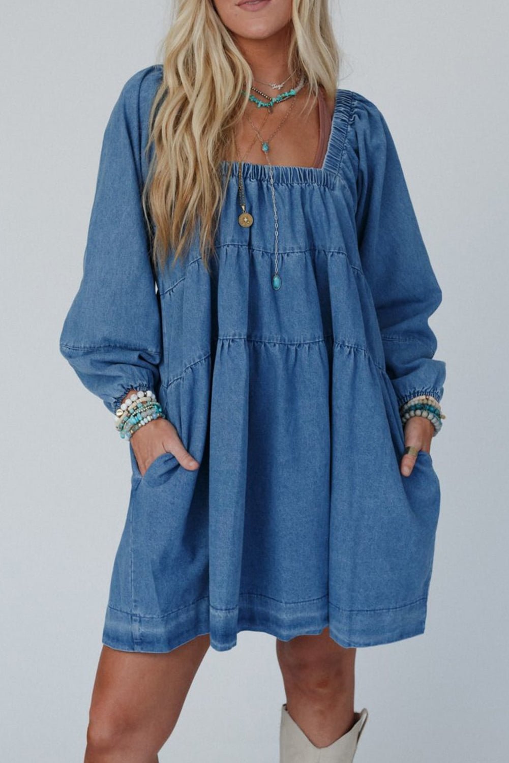 Dusk Blue Side Pockets Loose Fit Denim Mini Dress - MAD RUFFI