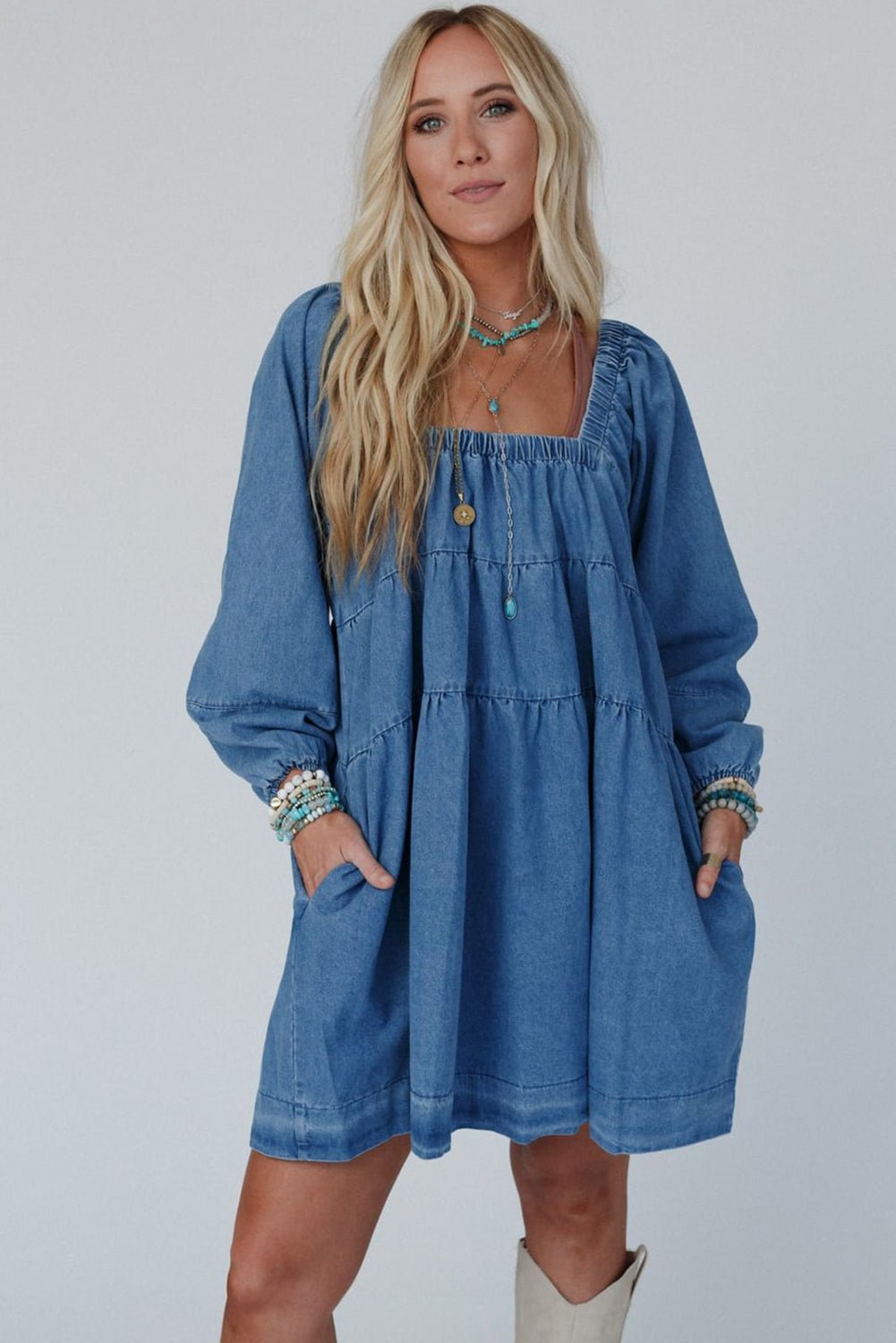 Dusk Blue Side Pockets Loose Fit Denim Mini Dress - MAD RUFFI